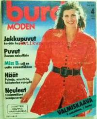 Burda Moden 4 huhtikuu 1988 - kaava-arkki 2 kpl + työselostus suomeksi mukana. Sis. mm. Kevään jakkupuvut, Naiselliset puvut, Häät: pukuja, asusteita,