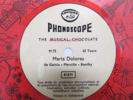 Chymos Phonoscope - The Musical Chocolate - Maria Dolores, 45 rpm single / mainoslevy - Taustalla teksti "Oleks kuullut kuppilasta, joka on niin nasta. Tule