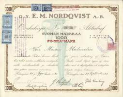 E.M.Nordqvist Oy Helsinki 1923  - osakekirja / Alussa yhtiön päätuote oli jalka- ja käsiproteeseja, tukisidoksia ja kirurgisia välineitä, myöh. tehtiin