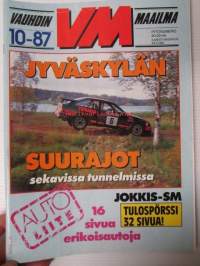 Vauhdin maailma 1987 nr 10, sis. mm. seur. artikkelit / kuvat / mainokset; mm. Jyväskylän suurajot, VM maistelee Peugeot 405-sarja, Rata PM ja SM, Volvo Amazon