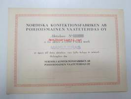 Nordiska Konfektionsfabriken Ab - Pohjoismainen Vaatetehdas Oy, Helsinki 19??, 10 aktier á 1 000 mk = 10 000 mk -osakekirja, blanco, makuleras-leimattu -share