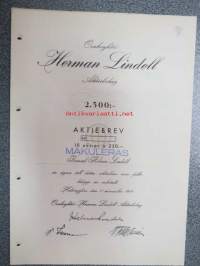 Osakeyhtiö Herman Lindell Aktiebolaget, Helsinki 1949, aktiebrev 10 aktier á 250 mark = 2 500 mk -osakekirja, blanco, makuleras-leimattu -share certificate,