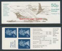 Iso-Britannia: Postituore käyttöpostimerkkivihko 50p FB57 **.  Lentokoneita 3. FB57 Aircraft 3.  BAC 1-11, VC10. Kansi kivaa käyttötaidetta.