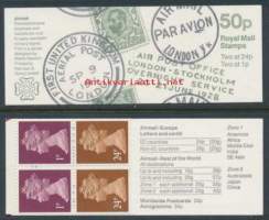 Iso-Britannia: Postituore käyttöpostimerkkivihko 50p FB64 **.  Postihistoria 1. FB64 Postal history 1 .  Lentopostileimauksia ja erikoisleimauksia ensilennoilta