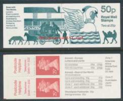 Iso-Britannia: Postituore käyttöpostimerkkivihko 50p FB68 **.  Kestikievarit, majatalot, hevosvaunut 1. FB68 Coaching Inns 1: Swan with Two Necks, London. Kansi