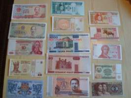 15 erilaista ja käyttämätöntä aitoa seteliä UNC