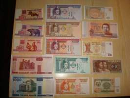 15 erilaista ja käyttämätöntä aitoa seteliä UNC mm. Mongolia, Valko-Venäjä jne.