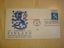 Suomen itsenäisyyden 50-vuotis ensipäiväkuori FDC 1967 USA Suomen vaakunalla hieno
