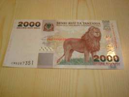 2000 Tanzania 2 000 Shillings käyttämätön ja aito seteli UNC hieno leijona-aihe