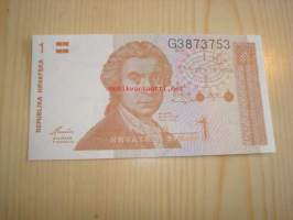 1991 Kroatia 1 Dinar käyttämätön ja aito seteli UNC