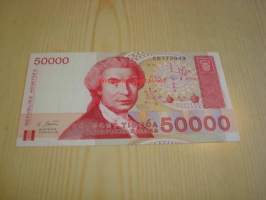 1993 Kroatia 50 000 Dinara käyttämätön ja aito seteli UNC katso myös muut kohteeni mm. useita satoja erilaisia käyttämättömiä ja aitoja seteleitä myynnissä.