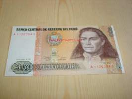 1987 Peru 500 Intis, käyttämätön ja aito seteli UNC katso myös muut kohteeni mm. useita satoja erilaisia käyttämättömiä ja aitoja seteleitä myynnissä.