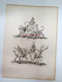 Shrewsbury / Derby - The English Peerage (1790) -teoksen kuvasivu, jossa ko. sukujen vaakunat kuvattuna -print