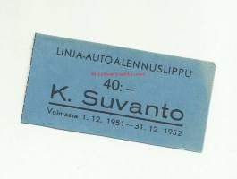Linja-autoalennuslippu 40:- voimassa 1951-1952  - matkalippu, linja-autolippu