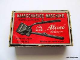 Vanhanajan hiusten leikkuukone Haarschneide-maschinen Solingen &quot;Alcoso&quot; alkuperäisessä laatikossa