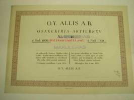 Oy Allis Ab, Helsinki 1938, 1 000 mk -osakekirja