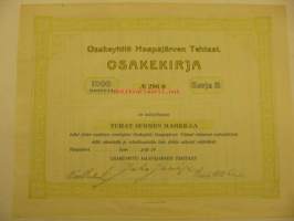 Haapajärven Tehtaat Oy osakekirja 1000 mk 