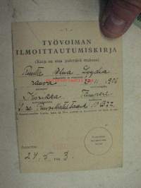 Työvoiman ilmoittautumiskirja Elna Lyydia Riutta, Tampere, 24.5.1943
