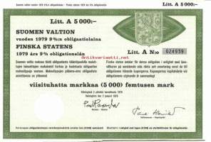 Suomen valtion vuoden 1979    9 %:n obligaatiolaina Litt A 5000 mk, Helsinki   2.1.1979 -obligaatio