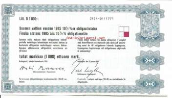 Suomen valtion vuoden 1985   10,25  %:n obligaatiolaina      Litt D 1000 mk, Helsinki   2.1.1985 -obligaatio