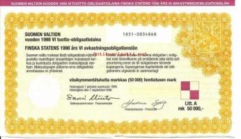 Suomen valtion vuoden 1998  VI tuotto- obligaatiolaina      Litt A 50 000 mk, Helsinki   7.9.1998