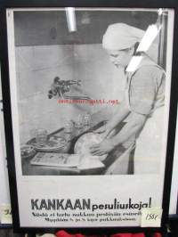 Kankaan (paperitehtaan) pesuliuskoja -kehystetty mainosjuliste vuodelta 1938