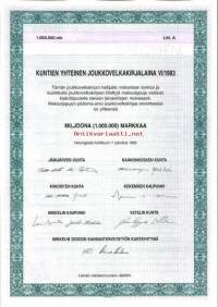 Kuntien yhteinen  Joukkovelkakirjalaina VI/1993 ,  1 000 000 mk  Helsinki 7.4.1993  specimen - joukkovelkakirjalaina