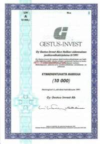 Gestus-Invest Oy:n Helibor-sidonnainen joukkovelkakirjalaina II/1991 specimen,  10 000 mk  Helsinki 2.7.1991  - joukkovelkakirjalaina