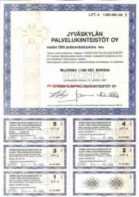 Jyväskylän Palvelukiinteistöt Oy:n vuoden 1989 Joukkovelkakirjalaina specimen,  1 000 000 mk  Jyväskylä 31.10.1989 - joukkovelkakirjalaina