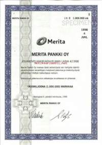 Merita Pankki Oy Joukkovelkakirjaohjelman laina 4/1998  specimen,  1 000 000 mk  Helsinki 6.2.1997  - joukkovelkakirjalaina