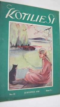 Kotiliesi 1930 nr 12 juhannus (kansi Martta Wendelin tyttö ja kissa -aihe), Takakannessa värimainos Orvo-saippua. Artikkeli ja 8 kuvaa aiheesta: kuisti (mm
