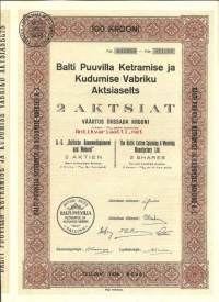 Balti Puuvilla Ketramise ja Kudumise Vabriku Aktsiaselts, Tallinn 1928, 2 osaketta 100 krooni -osakekirja