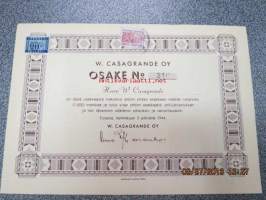 W.Casagrande Oy, 1 osake 1 000 mk, Turku 2.1.1944 osakekirja, taustalla merkintä, että tämän osakkeen on pakkohuutokaupassa ostanut Antonio Casgrande -share