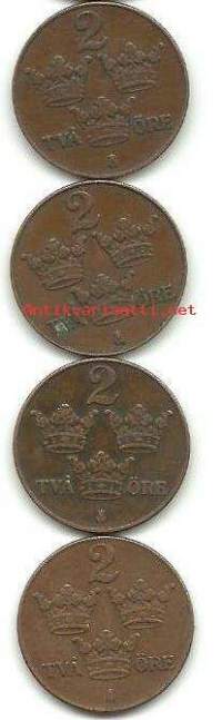Ruotsi 2 öre  1925, 1929,1930 ja 1939  yht 4 kpl