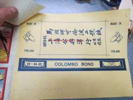 Colombo Bond / Made in Finland / Finska Pappersbruksförening, Kiinan markkinoille tarkoitetun tuotteen etikettipainate (arkki), kirjapainon arkistokappale -uncut
